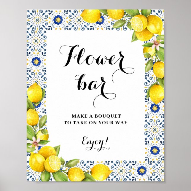Zitronen auf blauen Fliesen Blume Bar Sign Poster (Vorne)