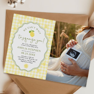Zitronen-Baby-Party-Gelb-Gingham-Foto Einladung