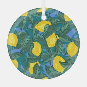 Zitronen, Blätter: tropisches Zitrusmuster. Ornament Aus Glas