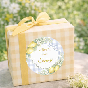 Zitronen blau Gingham Mamas Liebling Baby Shower Runder Aufkleber
