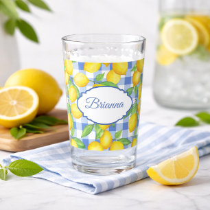 Zitronen & Blau kariert personalisiertes Glas