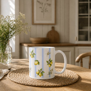Zitronen-Blumen-Blau-Gestreifte-Landhaus-Küchentas Kaffeetasse