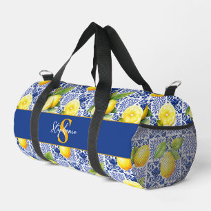 Zitronen-Fliesenmuster Blau Weiß Mediterran Zitrus Duffle Bag