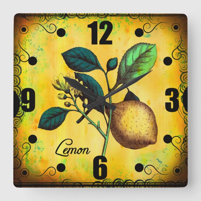 Zitronen-Frucht-Blumen-Blätter-Vintages Quadratische Wanduhr (Vorderseite)