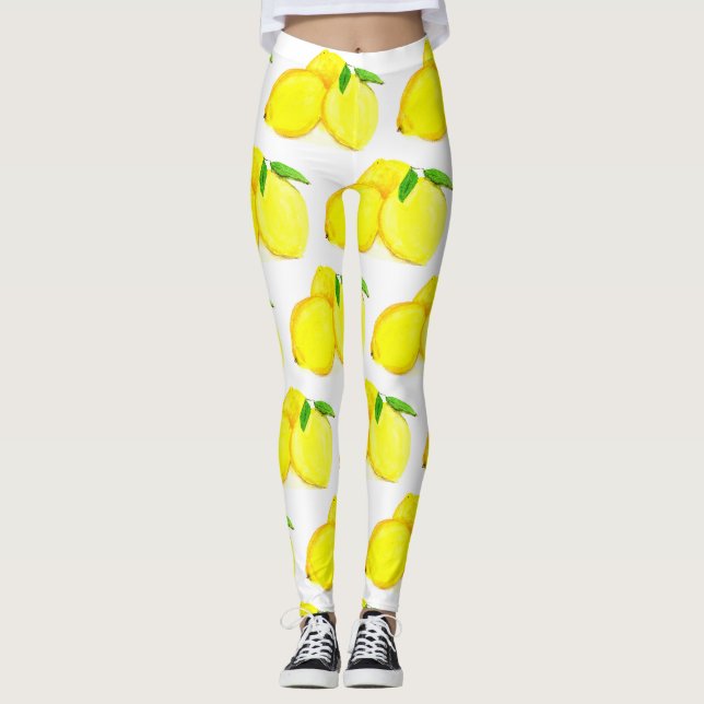 Zitronen Gelbes Fruchtmuster Wasserfarbenzitrus Leggings (Vorderseite)