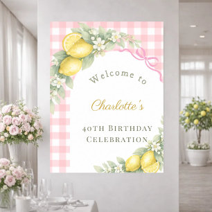 Zitronen Gingham rosa Schleife Garten Geburtstag W Poster