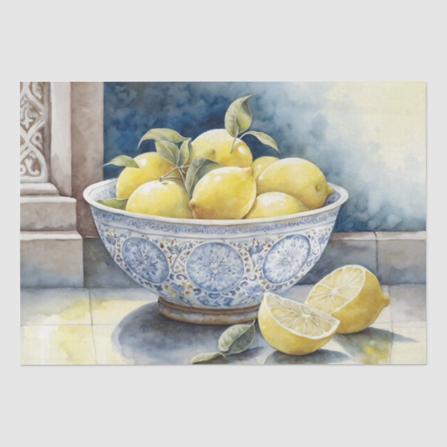 Zitronen in einer Blue Bowl Painting Dekoupage Seidenpapier (Vorderseite)