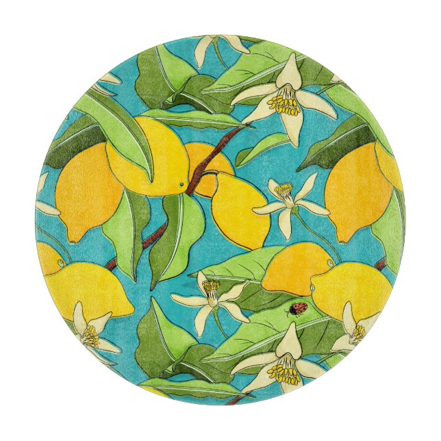 Zitronen, Ladybugs, Blüten im Aquamarinen Hintergr Schneidebrett (Vorderseite)