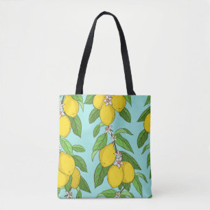 Zitronen, lebendiger blauer Hintergrund nahtlos. Tasche