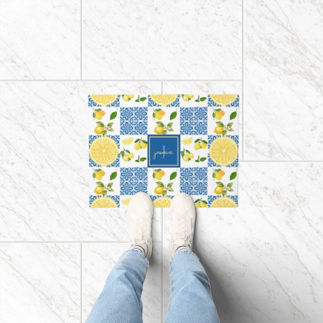 Zitronen-Monogramm-Name Französisches Landfliesenm Fußmatte (Indoor)