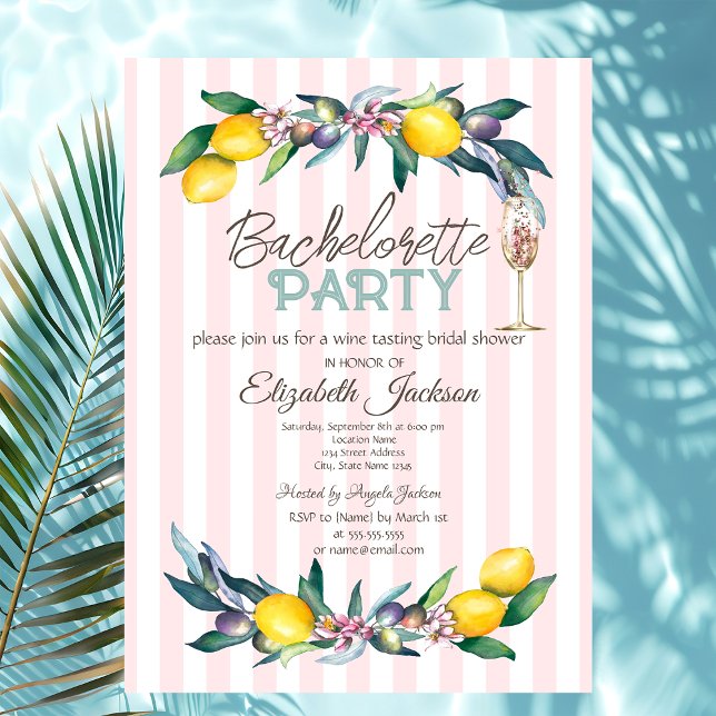 Zitronen Olive Glass Pink Streifen Bachelorette Einladung (Von Creator hochgeladen)