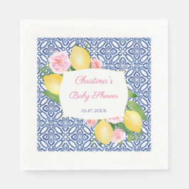 Zitronen Pink Blume Blue Tiles Baby Dusche Party Serviette