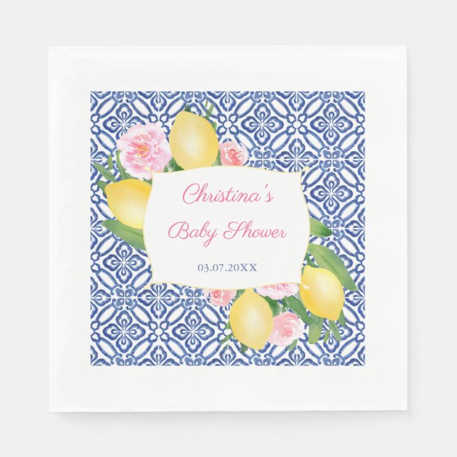 Zitronen Pink Blume Blue Tiles Baby Dusche Party Serviette (Vorderseite)