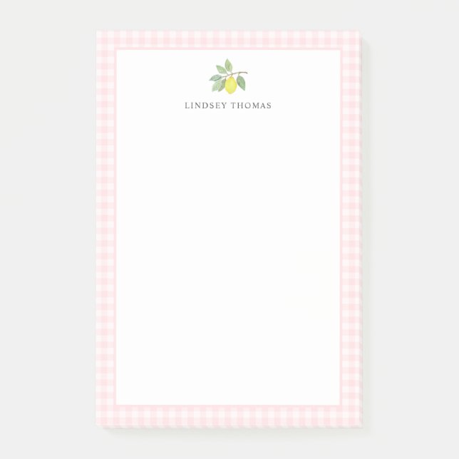 Zitronen-Rosa-Gingham-Rand personalisiert Post-it Klebezettel (Vorderseite)