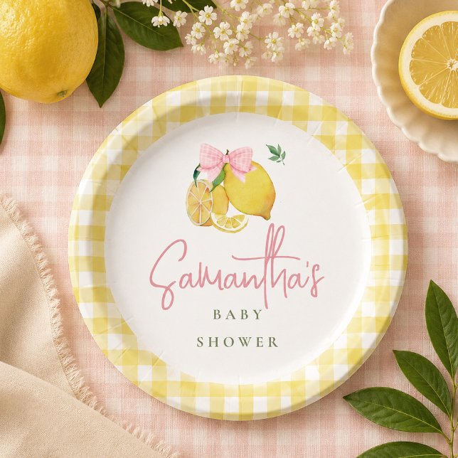 Zitronen-Rosa-Schleife Gingham  Pappteller (Von Creator hochgeladen)