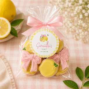 Zitronen-Rosa-Schleife Gingham  Runder Aufkleber