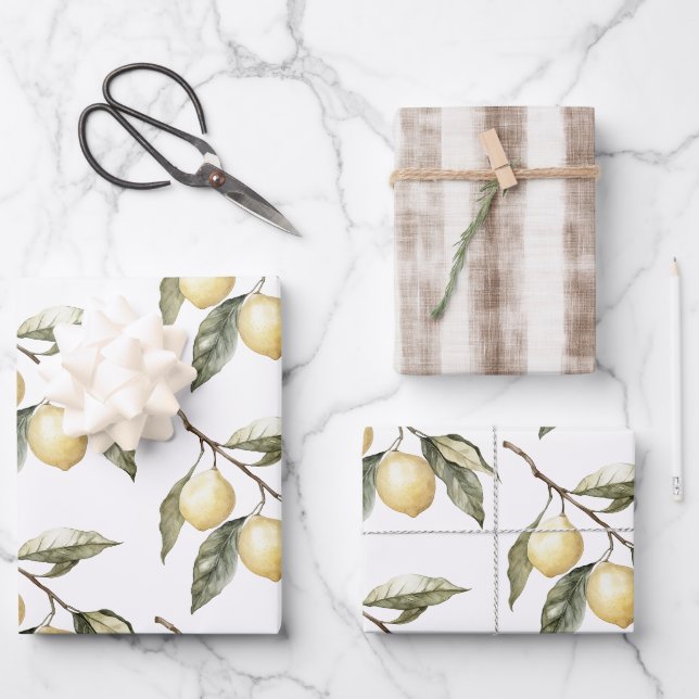 Zitronen Sizilien Rustikale braune Streifen Geburt Geschenkpapier Set (Vorderseite)