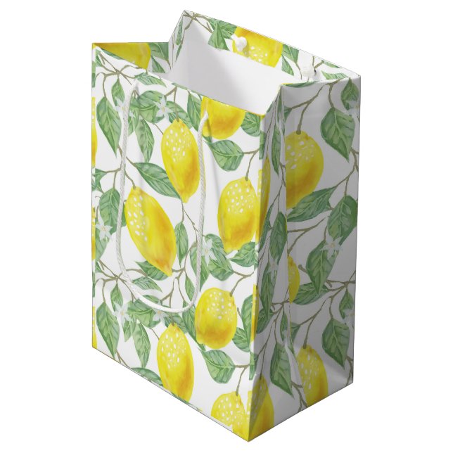 Zitronen und Blätter Design Geschenktasche Mittlere Geschenktüte (Vorderseite Schrägansicht)