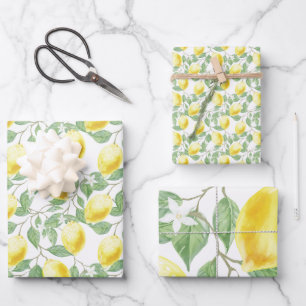 Zitronen und Blätter, die Sets aus Papier umhüllen