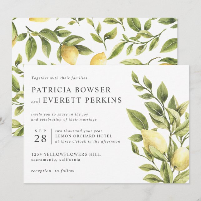 Zitronen und Blattwasserfarbe botanische Hochzeit Einladung (Vorne/Hinten)