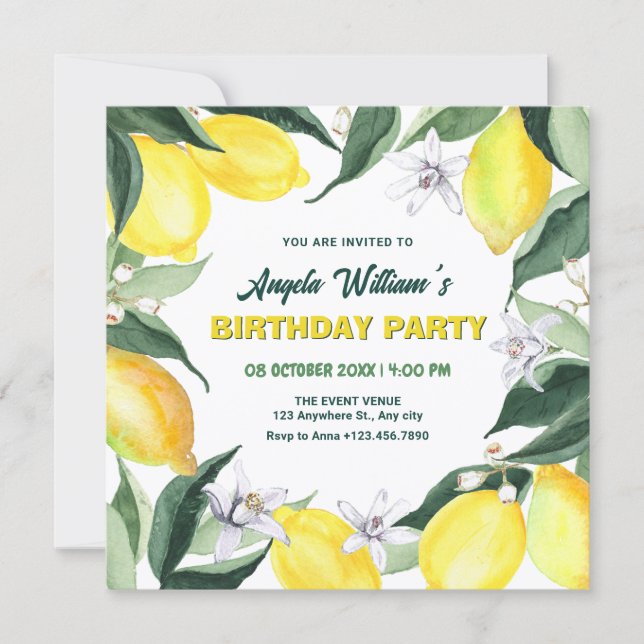 Zitronen und Blume zum Geburtstag Einladung (Vorderseite)