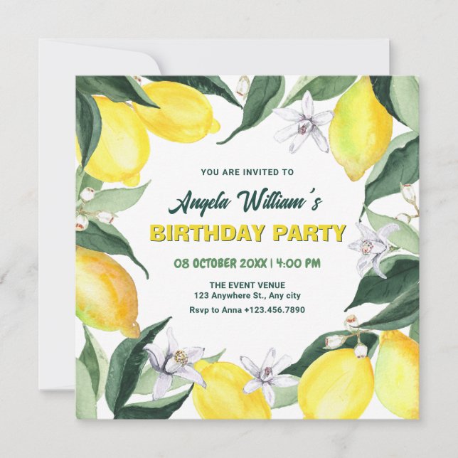 Zitronen und Blume zum Geburtstag Einladung (Vorderseite)