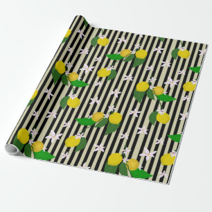 Zitronen und Blüten auf Streifen Geschenkpapier
