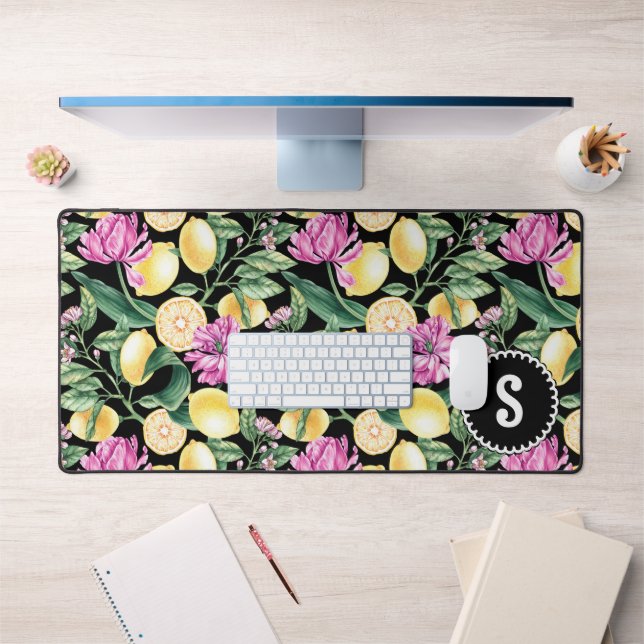 Zitronen und Blütenmuster | Citrus Monogram Schreibtischunterlage (Büro 1)