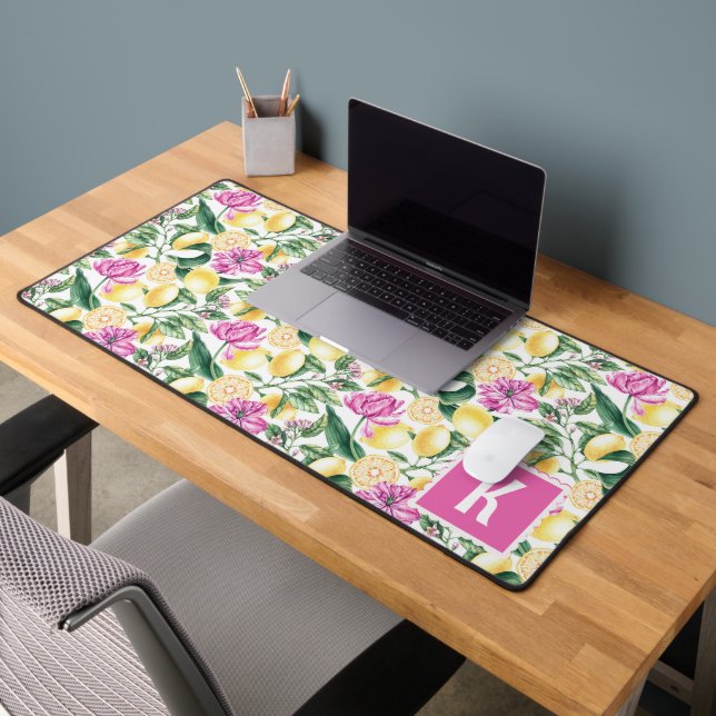 Zitronen und Blütenmuster | Citrus Monogram Schreibtischunterlage (Büro 2)