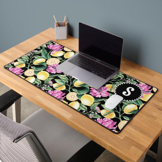 Zitronen und Blütenmuster | Citrus Monogram Schreibtischunterlage (Büro 2)