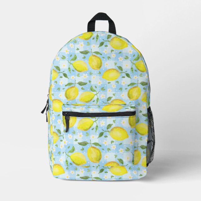 Zitronen und Daisies Blue Kariert Bedruckter Rucksack (Vorderseite)