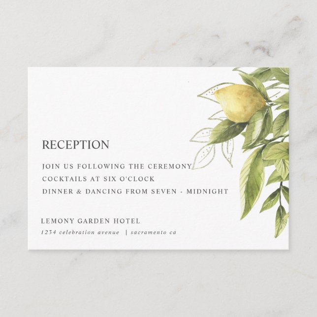 Zitronen und Foliage Green Chic WEDDING REZEPTION Begleitkarte (Vorderseite)