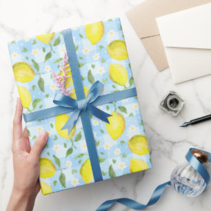 Zitronen und Gänseblümchen Blau Kariert Geschenkpapier