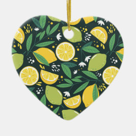 Zitronen und Limes Fruchtmuster in Grün und Gelb Keramik Ornament