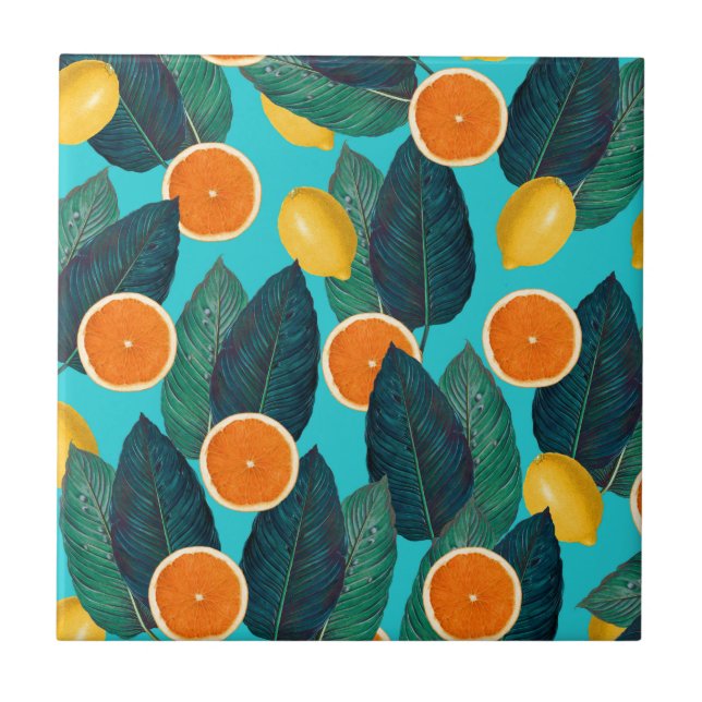 Zitronen und Orangen aquamarin Fliese (Vorderseite)