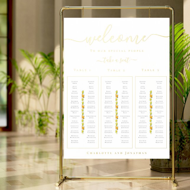 Zitronen- und Orangenzitrus-Hochzeitstabelle Gold Foliendrucke (Lemon and orange citrus wedding 3 table seating chart gold foil poster)