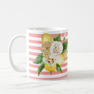 Zitronen und Rose auf rosa Streifen Kaffeetasse