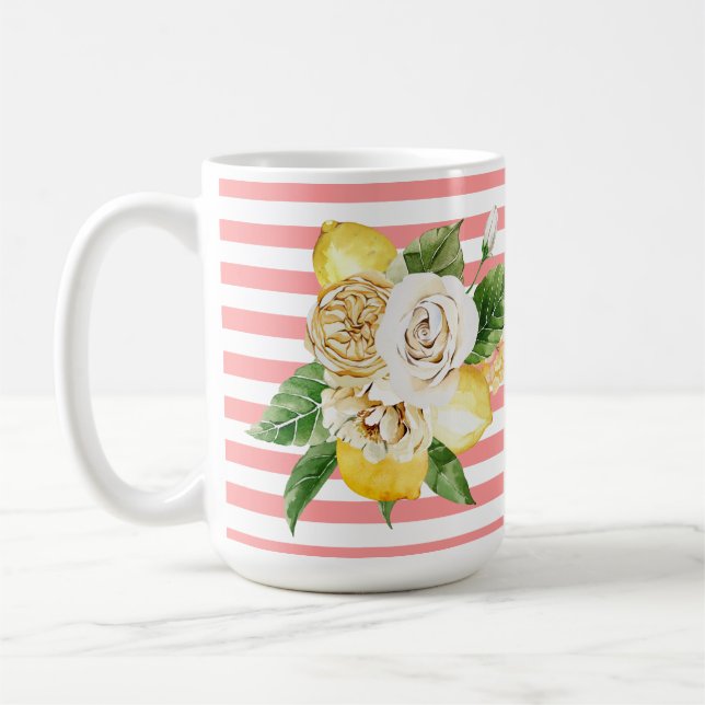 Zitronen und Rose auf rosa Streifen Kaffeetasse (Links)