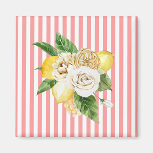 Zitronen und Rose auf rosa Streifen Magnet