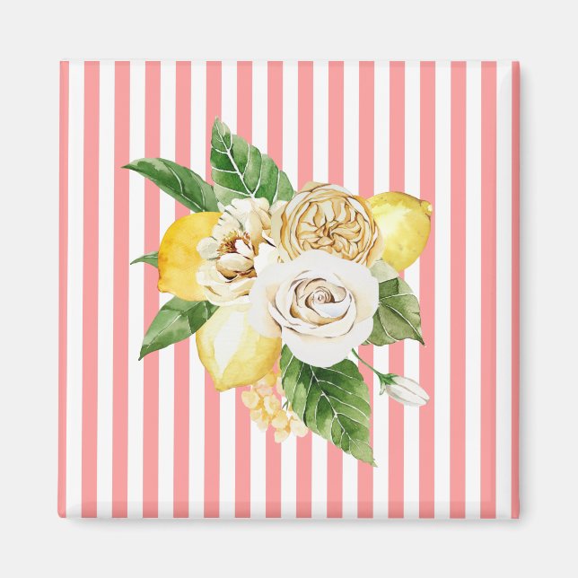 Zitronen und Rose auf rosa Streifen Magnet (Vorne)