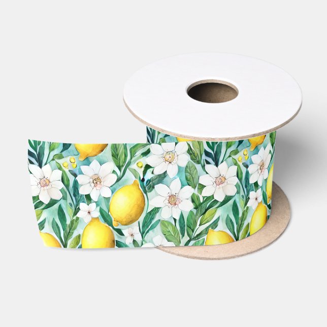 Zitronen und weiße Blume - französische Landesdeko Satinband (Spule)