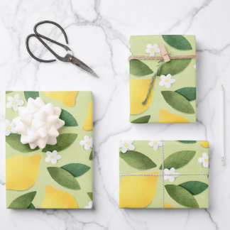 Zitronen und weiße Blume im grünen Hintergrund Geschenkpapier Set