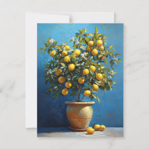 Zitronenbaum in Terrakottatopf mit Blüten Postkarte