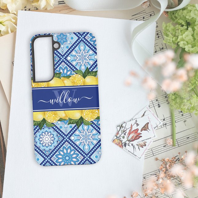 Zitronenblaue Fliesenrückwand Monogramm Samsung Galaxy Hülle (Von Creator hochgeladen)