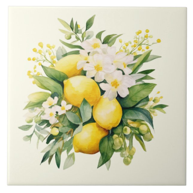Zitronenbouquet mit weißen Blüten Fliese (Vorderseite)