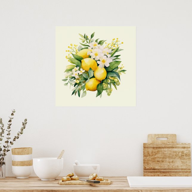 Zitronenbouquet mit weißen Blüten Poster (Küche)