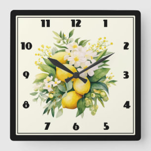 Zitronenbouquet mit weißen Blüten Quadratische Wanduhr
