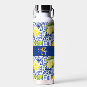 Zitronenfliesenmuster Blau Weiß Citrus Monogramm N Trinkflasche