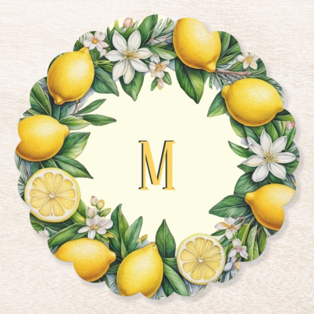 Zitronenfruchtblüten Frische Zitrus Monogramm Untersetzer (Vorderseite)
