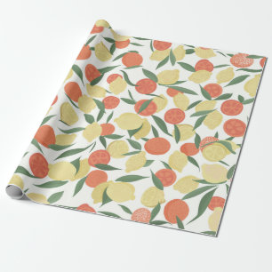 Zitronenfrüchte und Orangenfrüchte mit Blätter auf Geschenkpapier